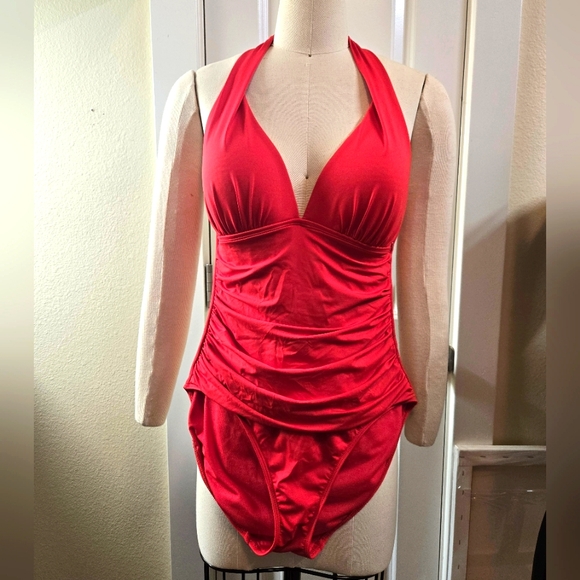 Ralph Lauren Women's Swimsuit, size 10, Red Halter Tummy Control One Piece - Picture 2 of 5
